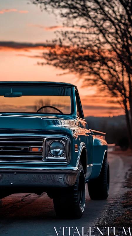 Classic teal pickup truck at rural sunset roadside.