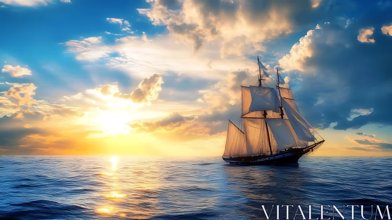 Tall ship under glowing sunset sky on open ocean.