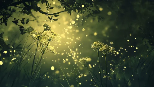 Glowing forest wildflowers under floating light orbs at dusk.