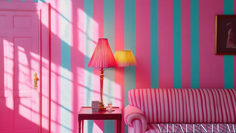 Interior shows striped pink room with sofa, lamps and door