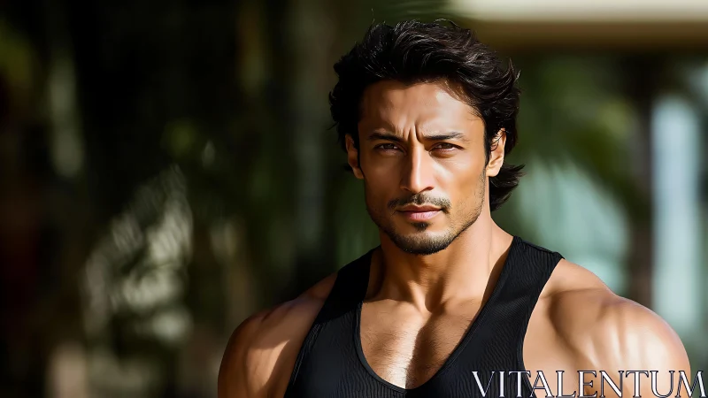 Muscular male model poses outdoors in sharp sunlight