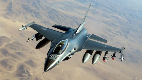 Modern fighter jet captured in dynamic aerial perspective above desert