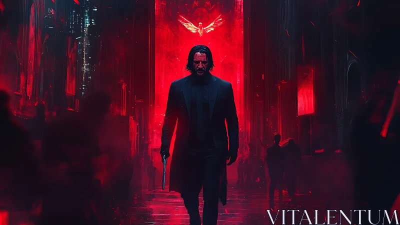 Stoic gunman strides through neon-red cathedral corridor.