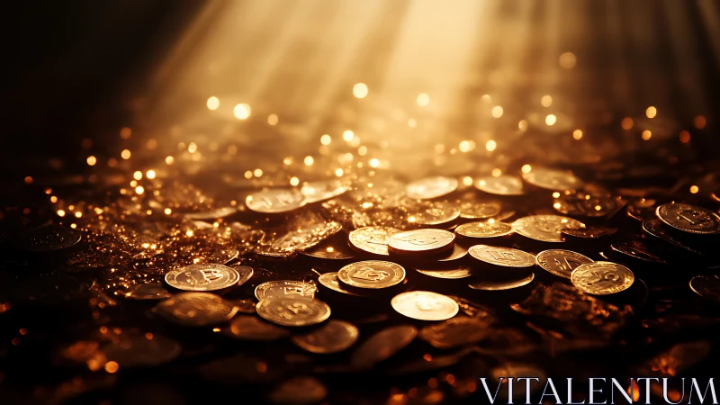 Radiant stochastic field of illuminated Bitcoin token coins.