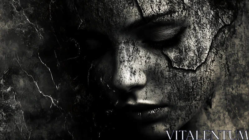 Cracked stone visage merges with dark textured void