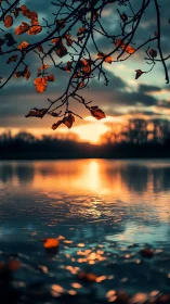Autumn leaves glow above a tranquil lake at fiery sunset