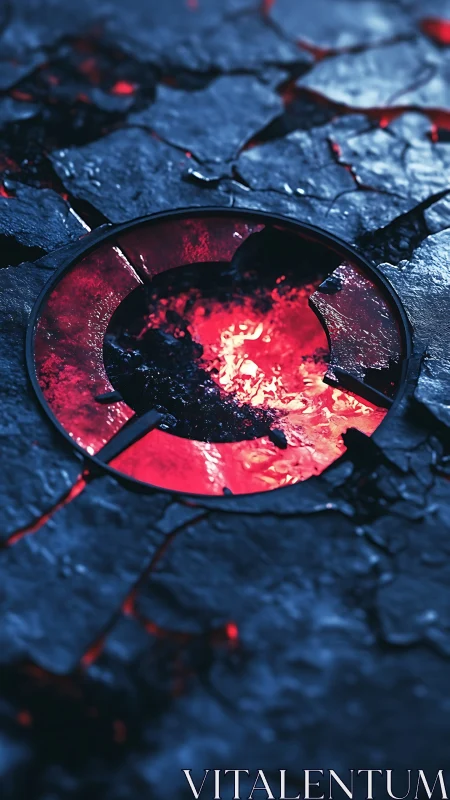 Molten core emblem embedded in fractured stone plate.