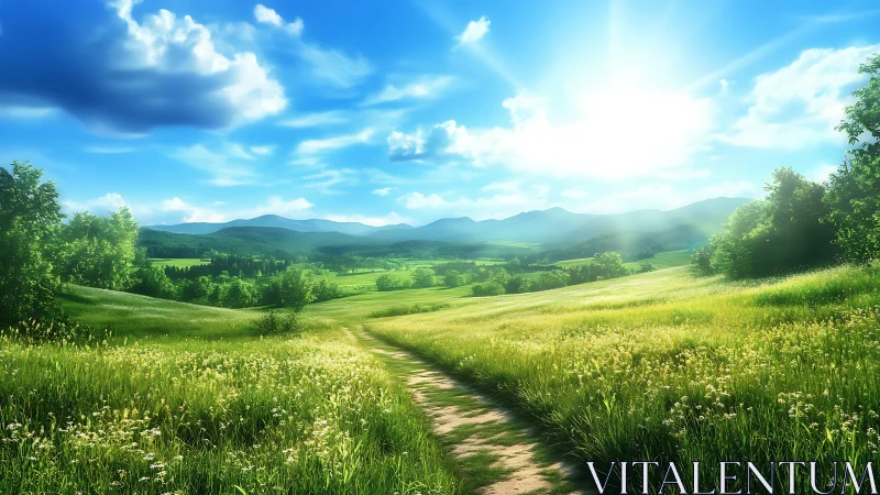 Sunlit country path across wide green summer valley.