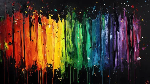 Vibrant rainbow drip abstract painting on black background.