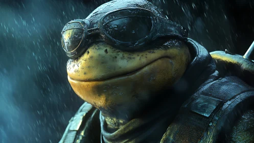 Armored frog warrior wears goggles under cinematic rain