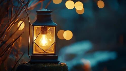 Warm metal lantern glowing outdoors at dusk in bokeh light.