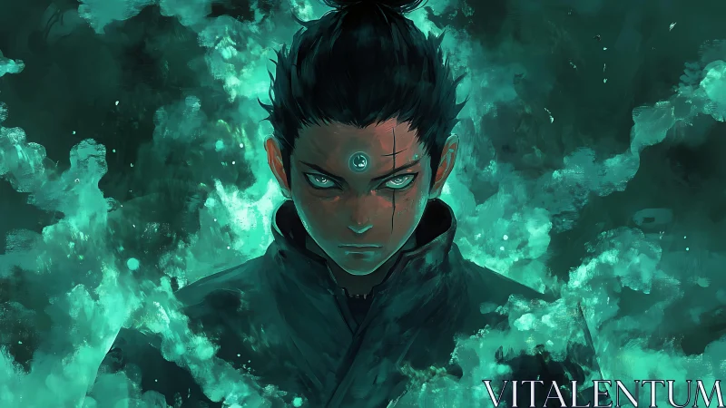 Dark haired anime figure glares forward amid teal energy haze