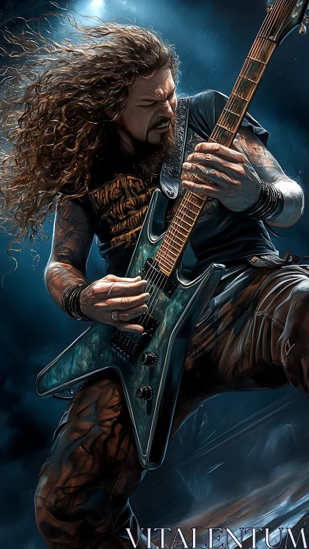 Explosive metal guitarist soloing under icy blue stage lights.