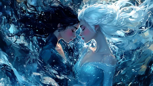 Two women float underwater, foreheads touching in profile