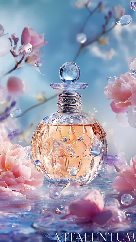 Perfume bottle resting in dreamy blossoms and soft light.