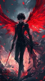 Winged dark swordsman strides through infernal red storm