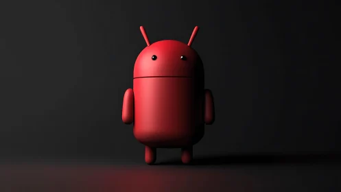 Cheerful red robot character stands glowing in soft light