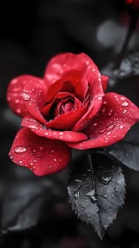 Red Rose with Water Droplets on Dark Background.