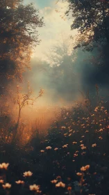 Soft sunrise path through misty wildflower woodland.