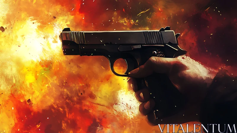Tactical Handgun Against Explosive Firestorm. Professional Render.