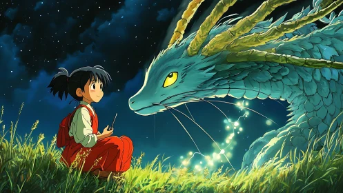 Cel-shaded nighttime encounter between girl and luminous dragon