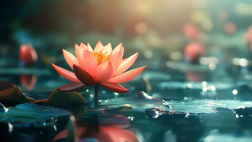 Sunlit pink water lily in shallow depth-of-field pond scene.