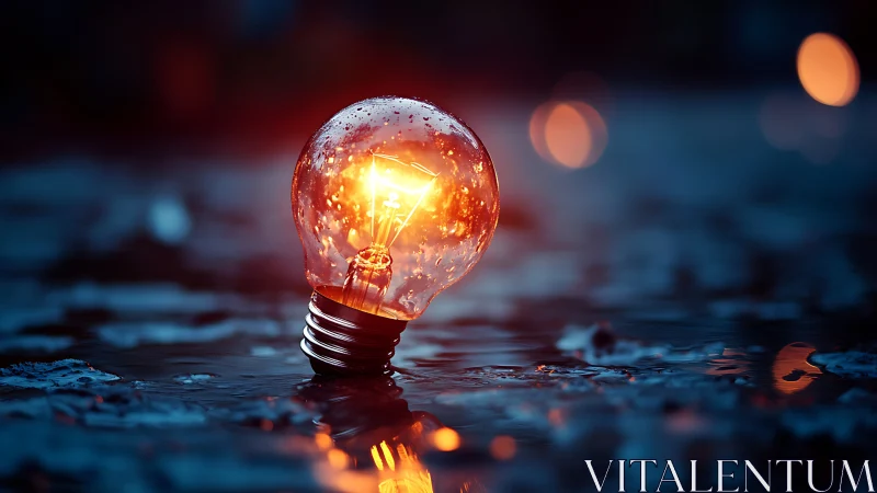 Glowing light bulb resting on wet reflective surface at dusk.
