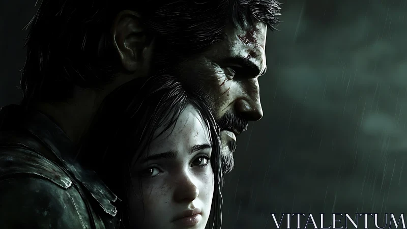 Wounded guardian shelters frightened girl in driving rain.