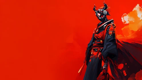 Cyber samurai warrior in black red armor on crimson field.