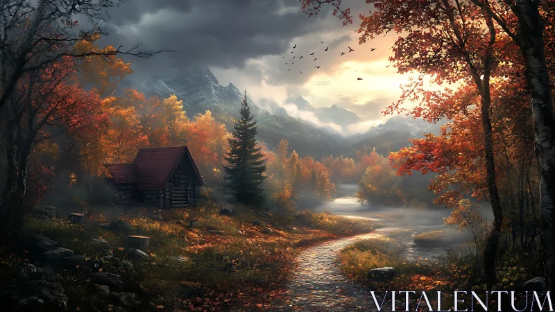 Secluded log cabin rests in a misty, golden autumn valley
