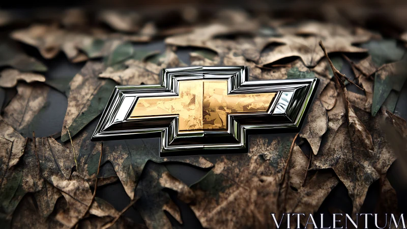 Metallic bowtie emblem with reflective chrome edging on dry leaves