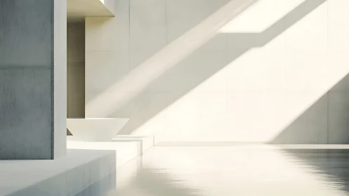 Minimalist interior space rendered with geometric forms and directional light