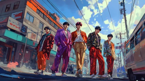 Colorful streetwear crew strides through sunlit city scene.