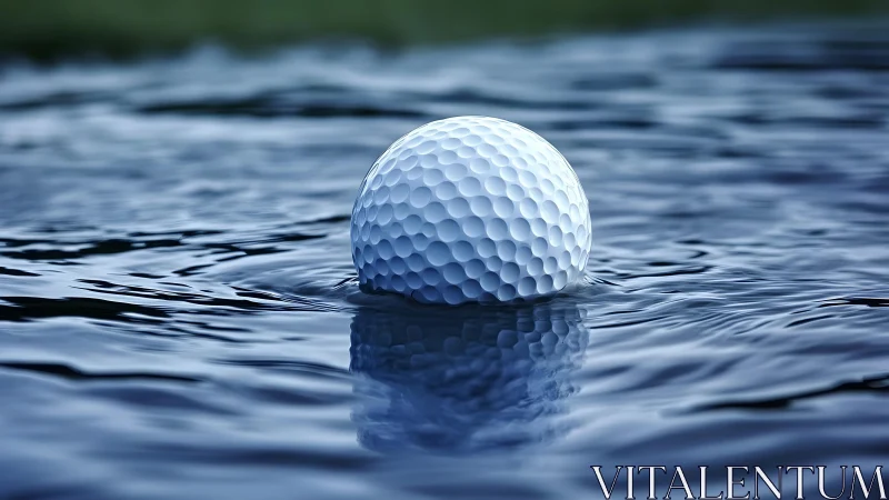 Close-up of golf ball floating on water, hyper-realistic style.