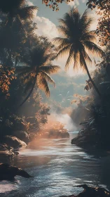 Volumetric dawn light across tropical riverine canopy corridor.