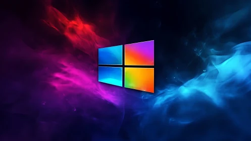 Windows logo glows against neon bifurcated gradient nebula field