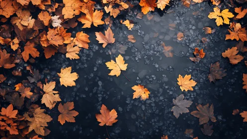 Autumn maple leaves drift gently across dark reflective water.