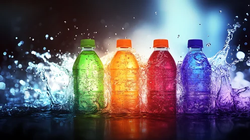 Vibrant sports drink bottles splashing in dramatic water scene.