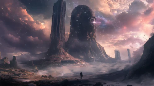 Colossal stone head tower dominates misty alien valley.