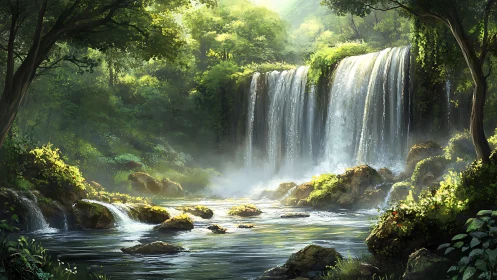 Cascading Waterfall Hidden Among Lush Forest Canopy