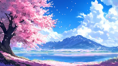 Sakura shoreline under vivid cumulus sky and distant ridge.