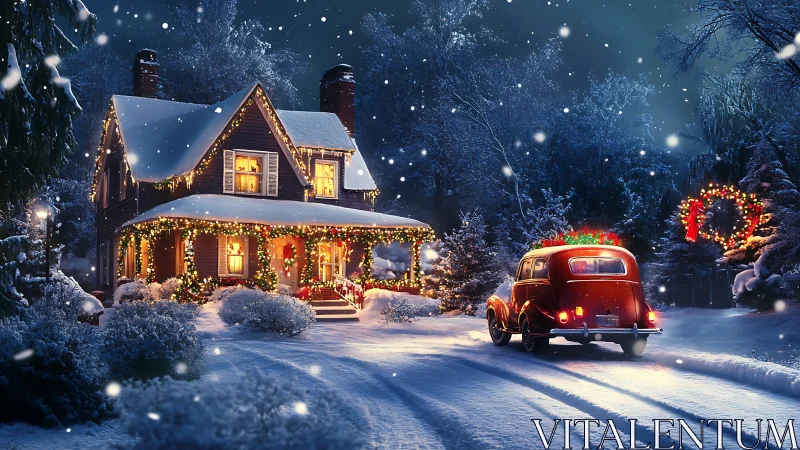 Snow-covered house and vintage car display winter lighting