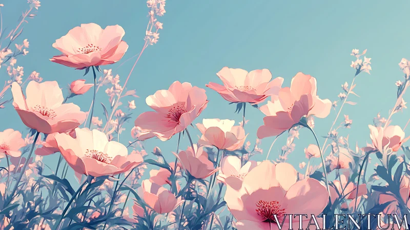 Pink cosmos flowers bloom against clear turquoise sky