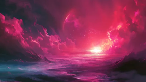 Neon celestial seascape in panoramic fantasy digital painting.