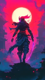 Neon moonlit cyber-ninja silhouette in heroic vertical composition.