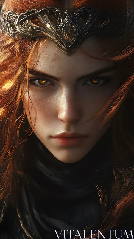 Fiery-haired fantasy queen with ornate metal circlet, close portrait