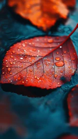 Crimson autumn leaf glistens with raindrops in close focus.