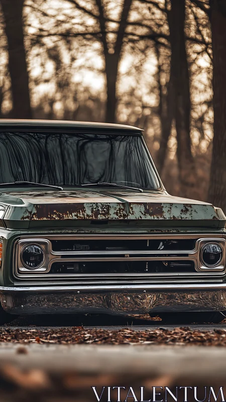 Rust patina classic pickup truck in quiet autumn forest.