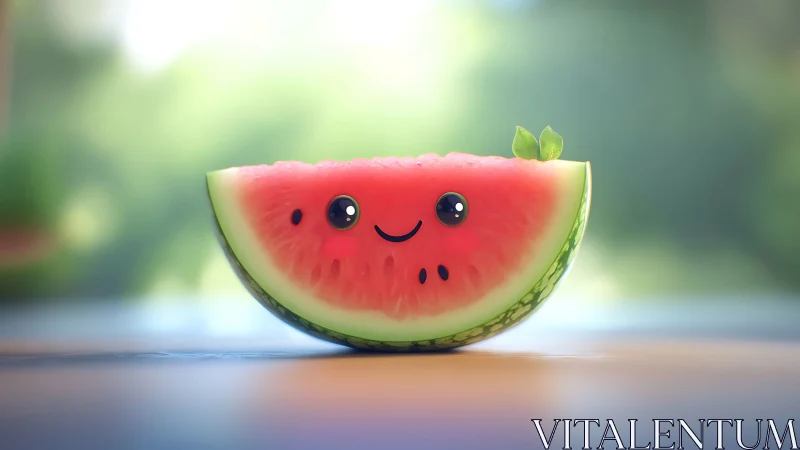 Cute anthropomorphic watermelon slice rendered in soft-focus bokeh