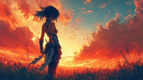 Digital painting of lone warrior silhouetted at blazing sunset.
